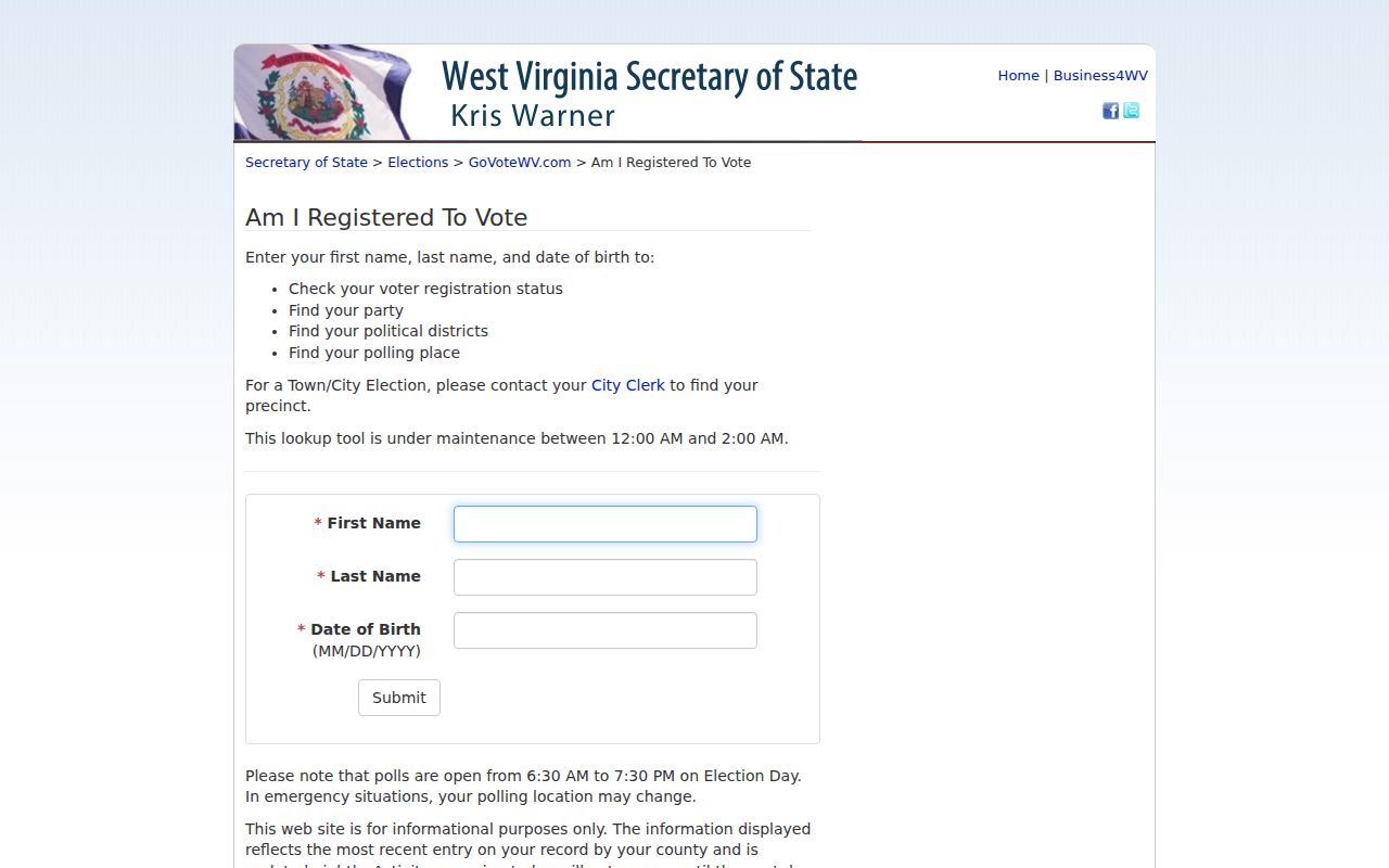 Hurricane resident lookup fields on the West Virginia voter portal